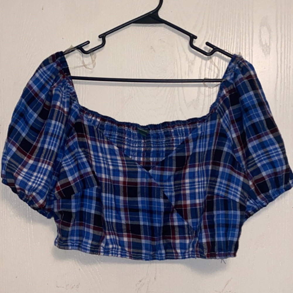 Blue plaid off-shoulder crop top